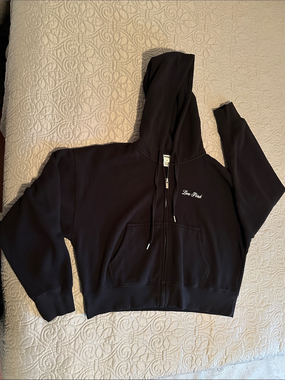 PINK Victoria's Secret Black Full-Zip Hoodie with White 'Love Pink' Script